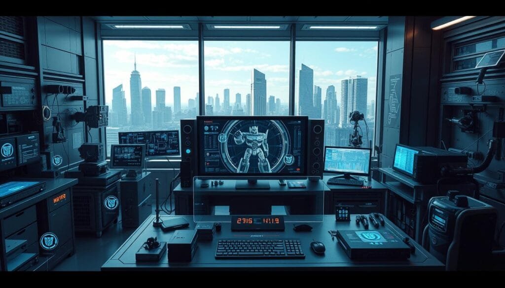 A futuristic, hyper-detailed image showcasing advanced prompt engineering techniques for Transformers-themed AI-generated art. Set in a sleek, high-tech laboratory, the scene features a central workstation with a large display screen showing a 3D model of a Transformer character. Surrounding the workstation are various holographic interfaces, data visualization displays, and advanced input devices. The lighting is cool-toned and dramatic, casting shadows and highlights that accentuate the technological aesthetic. In the background, glimpses of other lab equipment and instruments provide context, while a large window reveals a cityscape of towering skyscrapers in the distance. The overall mood is one of cutting-edge innovation and the boundless potential of transformative AI technologies.