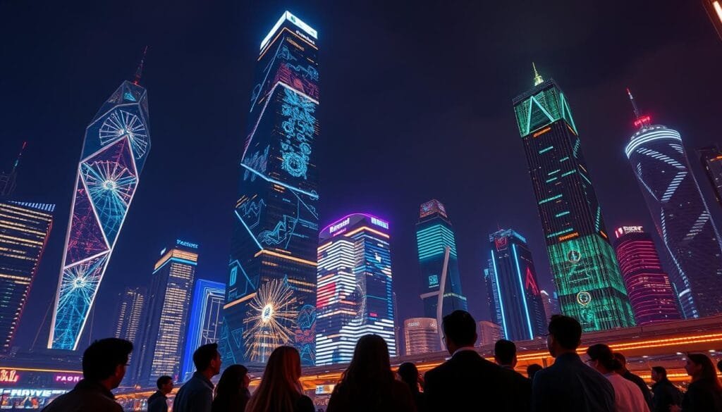 A futuristic, neon-lit cityscape at night, featuring a towering skyscraper with a sleek, angular design. The building's facade is adorned with a mesmerizing array of holographic projections, depicting glowing geometric patterns and intricate data visualizations. In the foreground, a group of people are gathered, their faces illuminated by the vibrant, shifting lights, deep in contemplation as they discuss advanced prompt engineering techniques. The scene conveys a sense of technological innovation, creativity, and the limitless potential of AI-powered image generation. A futuristic, neon-lit cityscape at night, featuring a towering skyscraper with a sleek, angular design. The building's facade is adorned with a mesmerizing array of holographic projections, depicting glowing geometric patterns and intricate data visualizations. In the foreground, a group of people are gathered, their faces illuminated by the vibrant, shifting lights, deep in contemplation as they discuss advanced prompt engineering techniques. The scene conveys a sense of technological innovation, creativity, and the limitless potential of AI-powered image generation.