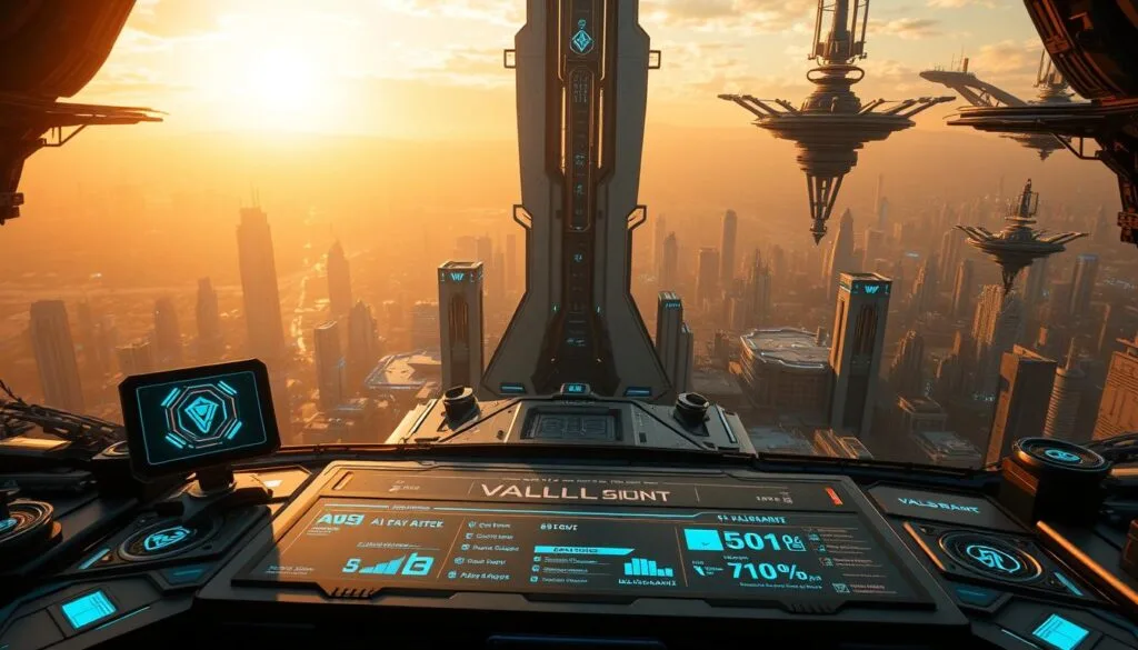 A futuristic tech platform showcasing Valorant game assets and branding. In the foreground, a sleek, minimalist control panel with holographic displays and interactive interfaces. The middle ground features towering, angular structures with neon accents, suggesting advanced AI processing and data visualization. In the background, a sprawling cityscape with skyscrapers and floating platforms, bathed in a warm, golden glow from the setting sun. The scene conveys a sense of cutting-edge technology, strategic gameplay, and a dynamic, cyberpunk-inspired aesthetic. Lighting is dramatic, with hard shadows and reflective surfaces. Camera angle is slightly elevated, providing an immersive, bird's-eye view of the Valorant-inspired AI platform.