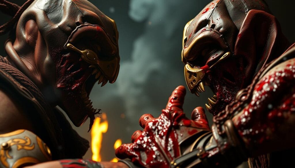 A gory, hyper-realistic scene of Mortal Kombat fatalities. The foreground features a brutal, blood-soaked confrontation between two iconic Mortal Kombat characters, their faces contorted in agonized expressions as they engage in a vicious, bone-crunching battle. The background is shrouded in a dark, ominous atmosphere, with flickering flames and billowing smoke adding to the intensity of the scene. The lighting is harsh and dramatic, casting dramatic shadows and highlights that accentuate the gruesome details of the fighters' injuries and the visceral nature of the combat. The camera angle is low and close, immersing the viewer in the visceral, unrelenting action. The overall mood is one of intense, unapologetic violence and the relentless brutality of the Mortal Kombat universe.