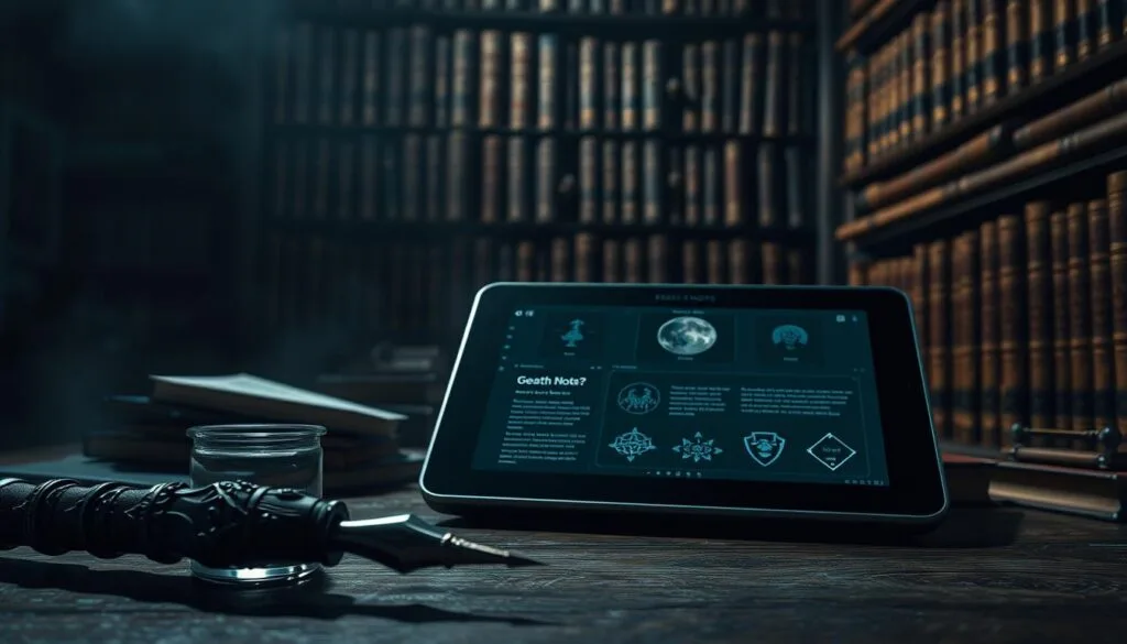 A gothic, moody scene depicting the essential tools of artificial intelligence image creation for Death Note. In the foreground, a dark, ornate pen nib and inkwell, symbolic of the Death Note's cursed power. In the middle ground, a sleek, futuristic tablet displaying generative AI models and prompts. In the background, a dimly lit library filled with ancient tomes on occult and esoteric knowledge. Dramatic chiaroscuro lighting casts dramatic shadows, enhancing the ominous, supernatural atmosphere. The overall aesthetic should evoke the supernatural, mystical, and technologically advanced nature of Death Note's premise.