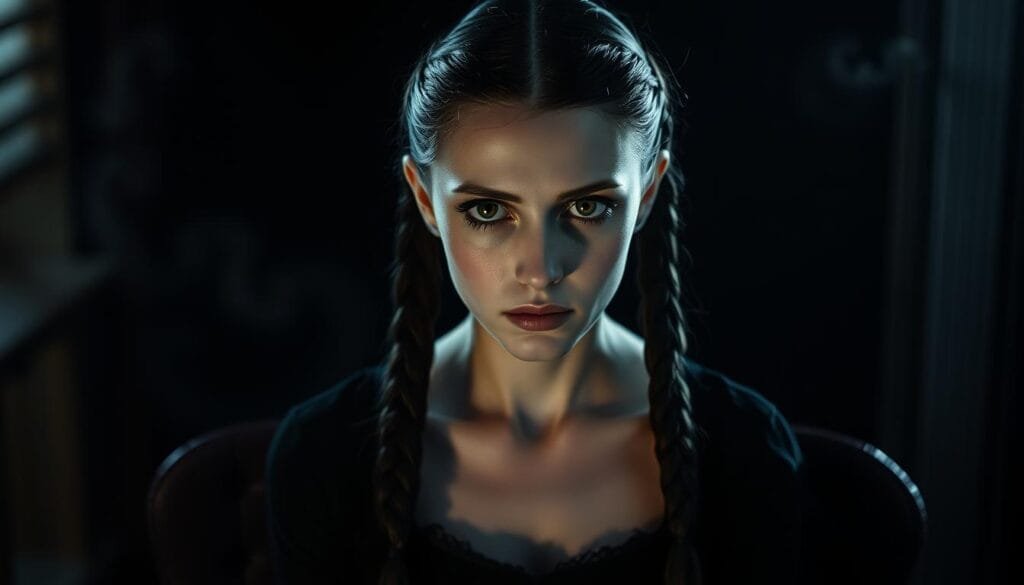 A gothic, mystical portrait of Wednesday Addams in an artistic style. She sits against a dark, moody backdrop with ethereal lighting, her pale skin and deep eyes drawing the viewer in. Her signature braids and grim expression convey her brooding, melancholic nature. Hints of the supernatural lurk in the shadows, with wisps of ethereal energy swirling around her. The composition is dramatic, using dramatic chiaroscuro lighting and a focus on her intense gaze to create an atmosphere of mystery and otherworldliness. This image captures the essence of Wednesday Merlina in a captivating, artistic interpretation.