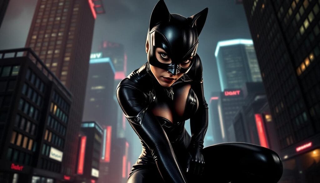 A graceful and formidable Catwoman, her sleek black catsuit accentuating her lithe, athletic frame. Dramatic low-angle lighting casts dramatic shadows, heightening the intensity of her gaze as she crouches, poised to pounce. Intricate metallic details on her costume glint in the light, complementing the textured leather. The background is a gritty, urban cityscape, with towering skyscrapers and a moody, neon-tinged atmosphere. An air of mystery and danger permeates the scene, capturing the essence of this iconic DC character.