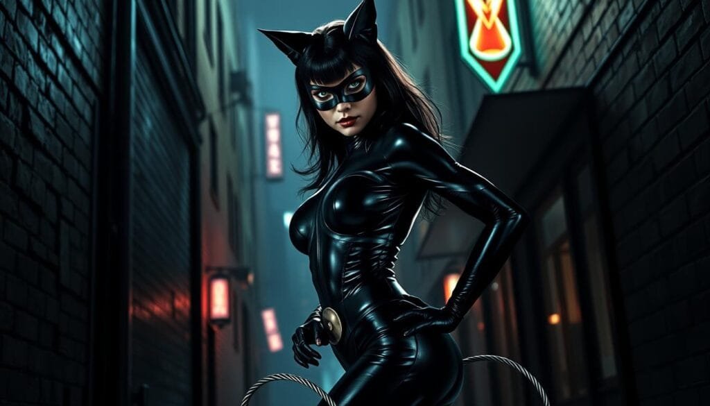 A graceful, raven-haired Catwoman in her classic black leather bodysuit, with a sharp-edged mask that accentuates her piercing green eyes. She stands poised, one hand on her hip, the other holding a metallic whip that coils at her feet. Dramatic chiaroscuro lighting casts dynamic shadows, highlighting the curves of her figure and the sleek lines of her costume. The background is a dimly lit, gritty urban alleyway, with looming buildings and a subtle hint of neon signs casting an ethereal glow. An air of mystery and danger surrounds this iconic comic book character, ready to pounce at any moment.