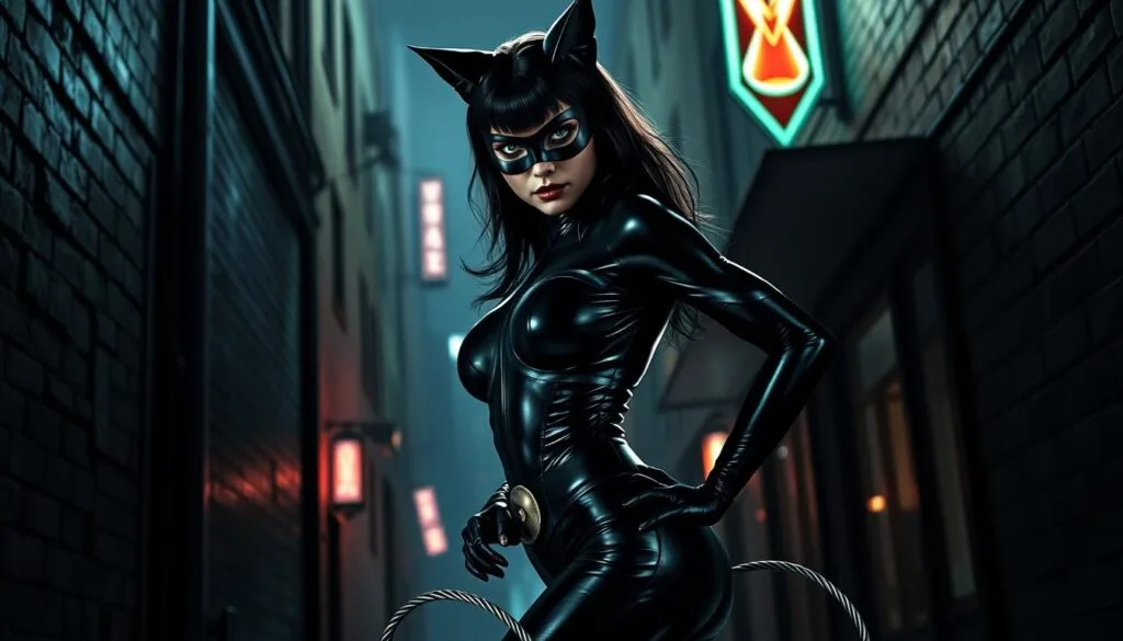 A graceful, raven-haired Catwoman in her classic black leather bodysuit, with a sharp-edged mask that accentuates her piercing green eyes. She stands poised, one hand on her hip, the other holding a metallic whip that coils at her feet. Dramatic chiaroscuro lighting casts dynamic shadows, highlighting the curves of her figure and the sleek lines of her costume. The background is a dimly lit, gritty urban alleyway, with looming buildings and a subtle hint of neon signs casting an ethereal glow. An air of mystery and danger surrounds this iconic comic book character, ready to pounce at any moment. A graceful, raven-haired Catwoman in her classic black leather bodysuit, with a sharp-edged mask that accentuates her piercing green eyes. She stands poised, one hand on her hip, the other holding a metallic whip that coils at her feet. Dramatic chiaroscuro lighting casts dynamic shadows, highlighting the curves of her figure and the sleek lines of her costume. The background is a dimly lit, gritty urban alleyway, with looming buildings and a subtle hint of neon signs casting an ethereal glow. An air of mystery and danger surrounds this iconic comic book character, ready to pounce at any moment.