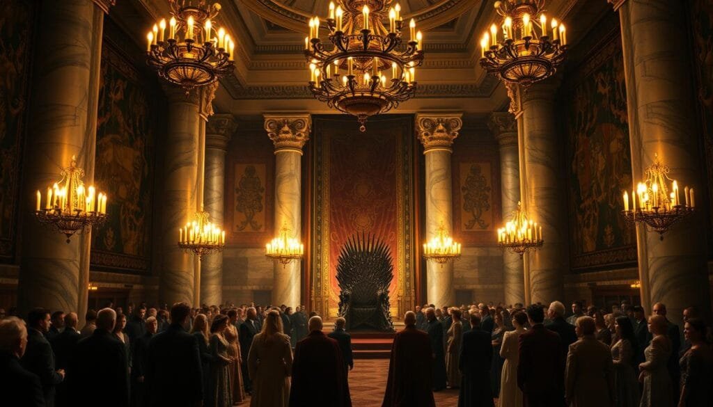 A grand and opulent throne room in the heart of King's Landing, the capital of Westeros. Ornate chandeliers cast a warm, golden glow over the imposing marble columns and the intricate tapestries adorning the walls. Nobles and courtiers dressed in sumptuous robes and gowns mingle and converse, their faces partially obscured by the dramatic chiaroscuro lighting. At the far end of the chamber, the towering Iron Throne stands, a symbol of power and authority. The mood is one of political intrigue and high-stakes maneuvering, as the great houses of the realm vie for influence and control in this lavish setting.