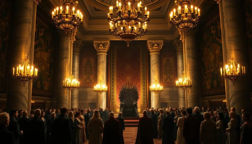 A grand and opulent throne room in the heart of King's Landing, the capital of Westeros. Ornate chandeliers cast a warm, golden glow over the imposing marble columns and the intricate tapestries adorning the walls. Nobles and courtiers dressed in sumptuous robes and gowns mingle and converse, their faces partially obscured by the dramatic chiaroscuro lighting. At the far end of the chamber, the towering Iron Throne stands, a symbol of power and authority. The mood is one of political intrigue and high-stakes maneuvering, as the great houses of the realm vie for influence and control in this lavish setting. A grand and opulent throne room in the heart of King's Landing, the capital of Westeros. Ornate chandeliers cast a warm, golden glow over the imposing marble columns and the intricate tapestries adorning the walls. Nobles and courtiers dressed in sumptuous robes and gowns mingle and converse, their faces partially obscured by the dramatic chiaroscuro lighting. At the far end of the chamber, the towering Iron Throne stands, a symbol of power and authority. The mood is one of political intrigue and high-stakes maneuvering, as the great houses of the realm vie for influence and control in this lavish setting.