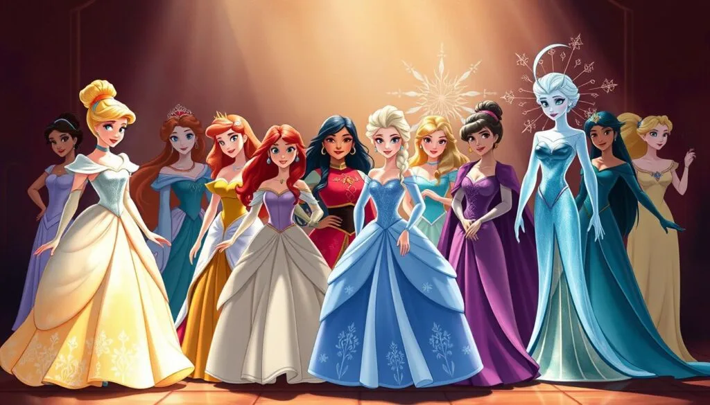 A grand assembly of Disney princesses, each transformed into a distinct artistic style. In the foreground, Cinderella casts a soft, dreamy glow under the delicate brushstrokes of an Impressionist palette. Beside her, Ariel shimmers with the fluid, organic lines of Art Nouveau. In the middle ground, Mulan stands tall, her features sculpted in the bold, angular planes of Cubism. In the background, Elsa radiates an ethereal, almost otherworldly presence, her icy powers rendered in the mystical, geometric patterns of Symbolism. Ambient lighting casts dramatic shadows, heightening the visual contrast between these diverse artistic interpretations. The princesses converge in a harmonious symphony, showcasing the versatility of their iconic designs across a spectrum of creative styles. A grand assembly of Disney princesses, each transformed into a distinct artistic style. In the foreground, Cinderella casts a soft, dreamy glow under the delicate brushstrokes of an Impressionist palette. Beside her, Ariel shimmers with the fluid, organic lines of Art Nouveau. In the middle ground, Mulan stands tall, her features sculpted in the bold, angular planes of Cubism. In the background, Elsa radiates an ethereal, almost otherworldly presence, her icy powers rendered in the mystical, geometric patterns of Symbolism. Ambient lighting casts dramatic shadows, heightening the visual contrast between these diverse artistic interpretations. The princesses converge in a harmonious symphony, showcasing the versatility of their iconic designs across a spectrum of creative styles.
