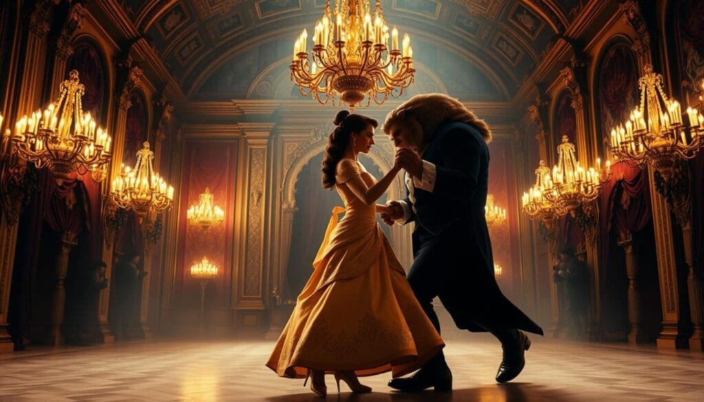 A grand castle hall, with ornate chandeliers casting a warm glow. In the foreground, Belle and the Beast engage in a graceful waltz, their movements captured mid-step. The Beast's imposing figure is juxtaposed with Belle's elegant poise, creating a captivating contrast. In the middle ground, the hall's opulent decor - gilded moldings, plush velvet drapes, and intricate tapestries - add depth and richness to the scene. The background fades into a hazy, dreamlike quality, evoking the enchanted atmosphere of the fairy tale. Soft, diffused lighting bathes the entire composition, accentuating the romantic ambiance. The camera angle is slightly elevated, allowing the viewer to observe the dance from an intimate, immersive perspective.