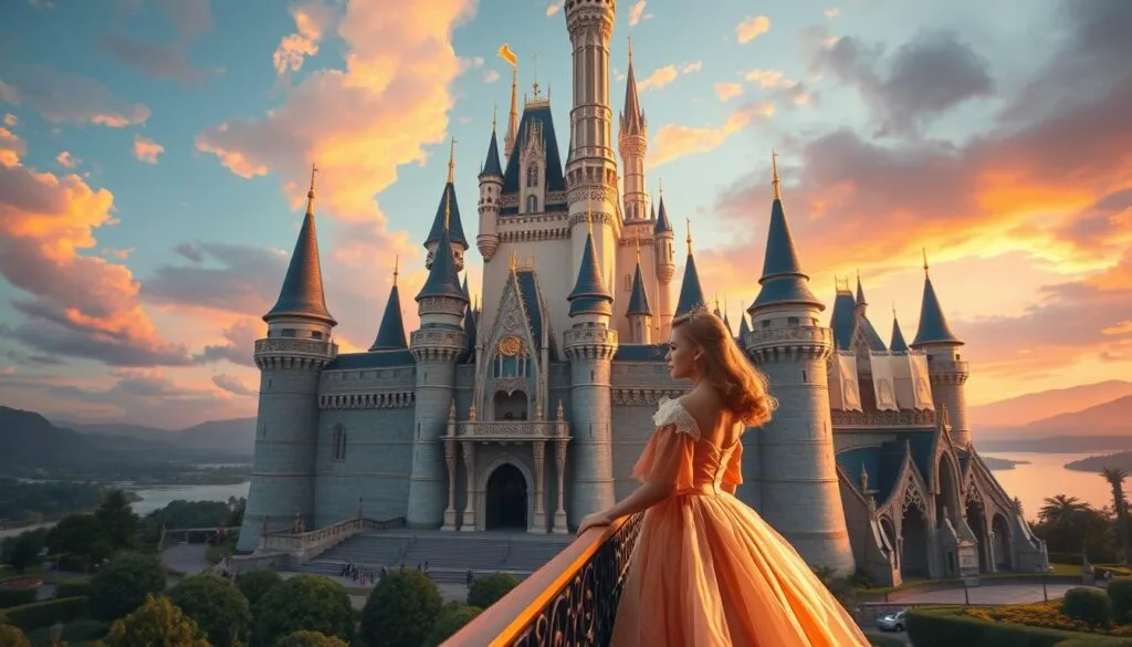 A grand castle, majestic and ornate, stands tall against a vibrant sky. The intricate architecture boasts intricate towers, graceful arches, and ornate details. In the foreground, a young princess in a flowing gown gazes out from a balcony, her expression thoughtful and serene. The scene is bathed in warm, golden light, creating a sense of enchantment and wonder. In the background, lush gardens and a shimmering lake add depth and tranquility to the composition. The overall mood is one of refined elegance and regal splendor, capturing the essence of advanced prompt engineering techniques for creating captivating Disney princess imagery. A grand castle, majestic and ornate, stands tall against a vibrant sky. The intricate architecture boasts intricate towers, graceful arches, and ornate details. In the foreground, a young princess in a flowing gown gazes out from a balcony, her expression thoughtful and serene. The scene is bathed in warm, golden light, creating a sense of enchantment and wonder. In the background, lush gardens and a shimmering lake add depth and tranquility to the composition. The overall mood is one of refined elegance and regal splendor, capturing the essence of advanced prompt engineering techniques for creating captivating Disney princess imagery.