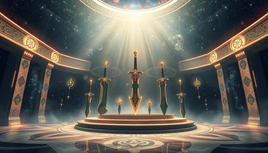 A grand celestial chamber, bathed in the soft glow of distant galaxies. In the center, a pedestal bearing legendary weapons, each forged from the essence of ancient, cosmic powers. Floating runes and glyphs orbit the artifacts, radiating an otherworldly aura. The scene is shrouded in an atmosphere of reverence and mystery, inviting the viewer to marvel at the unparalleled might and mysticism of these legendary armaments. Crisp lighting accentuates the intricate details and textures of the weapons, while a sense of depth and scale is achieved through carefully positioned elements in the foreground, midground, and background. An image that captures the grandeur and allure of these legendary arms, fit to illustrate the "Legendary Weapons and Artifacts" section of the Genshin Impact prompt article.