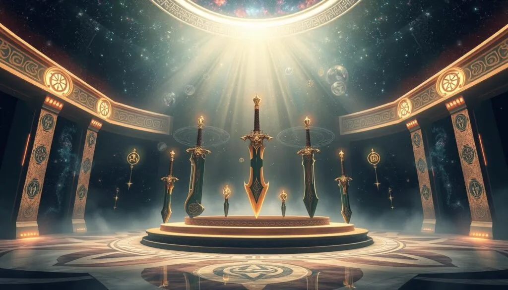 A grand celestial chamber, bathed in the soft glow of distant galaxies. In the center, a pedestal bearing legendary weapons, each forged from the essence of ancient, cosmic powers. Floating runes and glyphs orbit the artifacts, radiating an otherworldly aura. The scene is shrouded in an atmosphere of reverence and mystery, inviting the viewer to marvel at the unparalleled might and mysticism of these legendary armaments. Crisp lighting accentuates the intricate details and textures of the weapons, while a sense of depth and scale is achieved through carefully positioned elements in the foreground, midground, and background. An image that captures the grandeur and allure of these legendary arms, fit to illustrate the "Legendary Weapons and Artifacts" section of the Genshin Impact prompt article.