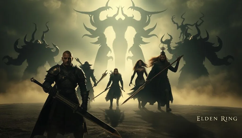 A grand, cinematic portrait of the iconic protagonists of Elden Ring, captured in a dramatic, high-contrast lighting. In the foreground, the Tarnished protagonist stands resolute, their battle-worn armor and imposing greatsword conveying a sense of power and determination. Behind them, the noble Samurai, the enigmatic Wretch, and the nimble Astrologer move in a dynamic, choreographed pose, their unique silhouettes and equipment reflecting the diverse class options. The middle ground is shrouded in an atmospheric mist, hinting at the perilous Lands Between they must traverse. In the distant background, the haunting, gnarled silhouettes of the Elden Ring's demigod rulers loom, setting the stage for the epic confrontations to come. Lighting is dramatic, with deep shadows and highlights that accentuate the subjects' features and bring a cinematic quality to the scene.