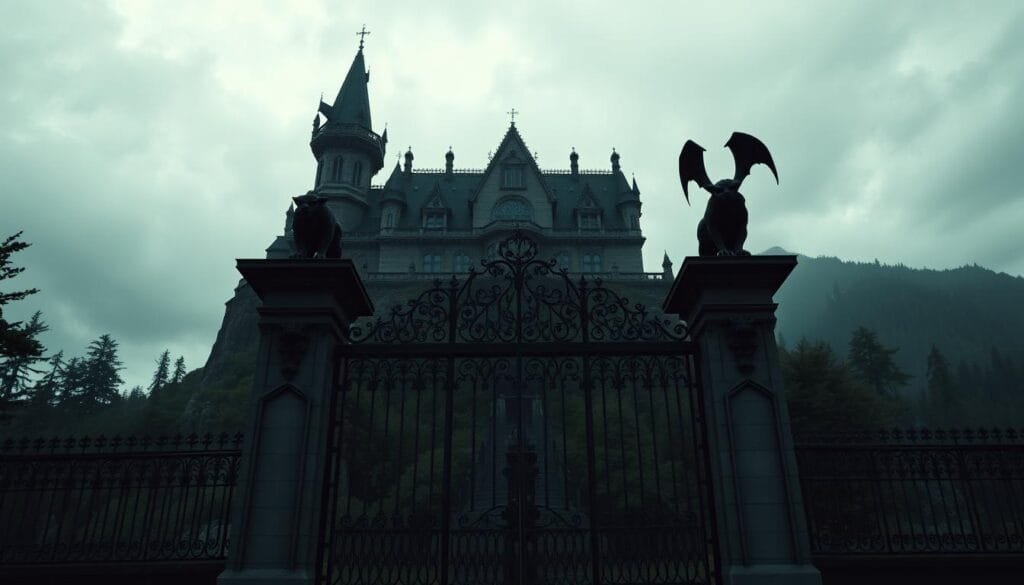 A grand, gothic-style manor set atop a towering mountain, surrounded by a dense, foreboding forest. In the foreground, the imposing iron gates of the Zoldyck family estate, guarded by two sinister-looking gargoyles. The sky is overcast, casting a somber, mysterious atmosphere. Dramatic lighting casts long shadows, highlighting the intricate architectural details of the manor. A sense of power, isolation, and a dark legacy permeates the scene. The mood is one of brooding suspense, hinting at the Zoldyck family's reputation as legendary assassins.