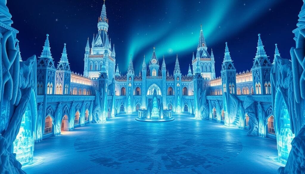 A grand ice palace, its crystalline towers and spires gleaming in the ethereal light of a winter night. Intricate ice sculptures and frozen waterfalls adorn the facade, casting mesmerizing reflections on the smooth, polished surfaces. The central courtyard is bathed in a soft, azure glow, as if illuminated by the aurora borealis itself. Delicate ice crystals dance on the chilly breeze, adding a sense of enchantment to the scene. The overall atmosphere is one of enchantment and wonder, a true embodiment of the magic of Frozen.