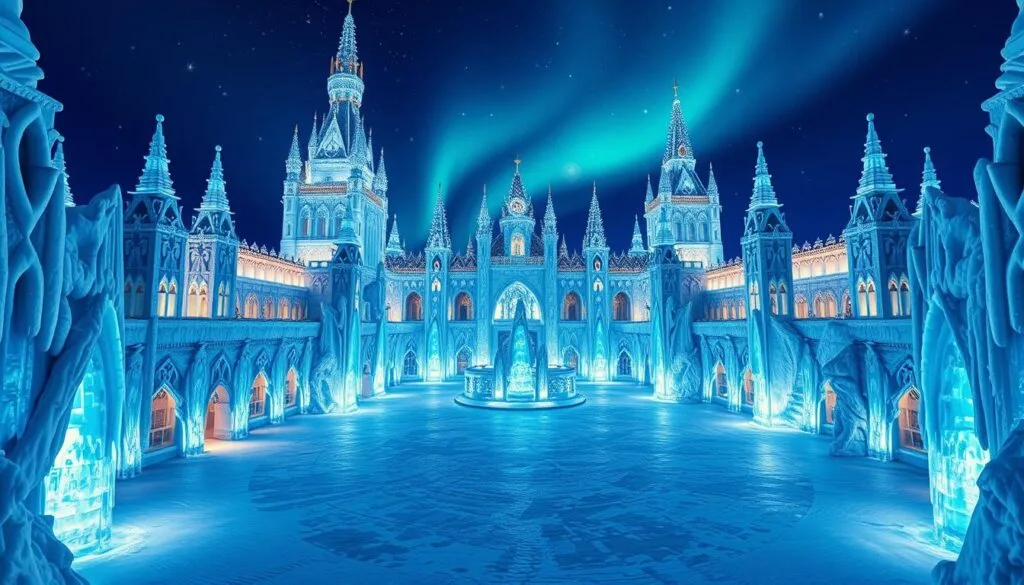 A grand ice palace, its crystalline towers and spires gleaming in the ethereal light of a winter night. Intricate ice sculptures and frozen waterfalls adorn the facade, casting mesmerizing reflections on the smooth, polished surfaces. The central courtyard is bathed in a soft, azure glow, as if illuminated by the aurora borealis itself. Delicate ice crystals dance on the chilly breeze, adding a sense of enchantment to the scene. The overall atmosphere is one of enchantment and wonder, a true embodiment of the magic of Frozen.