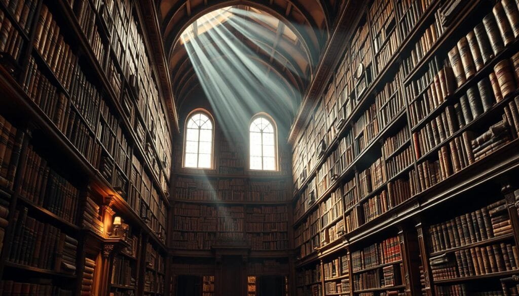 A grand library filled with ancient tomes, the spines adorned with gilded lettering. Ornate wooden shelves stretch into the distance, their intricate carvings casting dramatic shadows in the warm, soft lighting. Dusty rays of sunlight stream through high arched windows, illuminating the countless books on display. The atmosphere is one of quiet contemplation, with a sense of scholarly discovery and intellectual wonder. The camera angle is slightly low, capturing the grandeur and majesty of this magnificent "biblioteca de prompts", a repository of creative power and artistic inspiration.