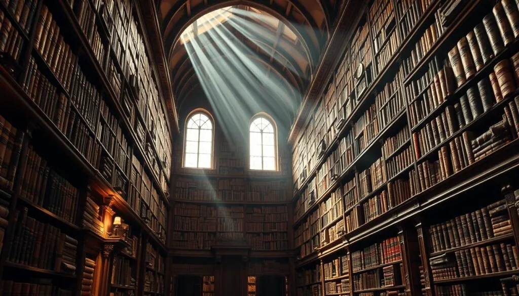 A grand library filled with ancient tomes, the spines adorned with gilded lettering. Ornate wooden shelves stretch into the distance, their intricate carvings casting dramatic shadows in the warm, soft lighting. Dusty rays of sunlight stream through high arched windows, illuminating the countless books on display. The atmosphere is one of quiet contemplation, with a sense of scholarly discovery and intellectual wonder. The camera angle is slightly low, capturing the grandeur and majesty of this magnificent "biblioteca de prompts", a repository of creative power and artistic inspiration.