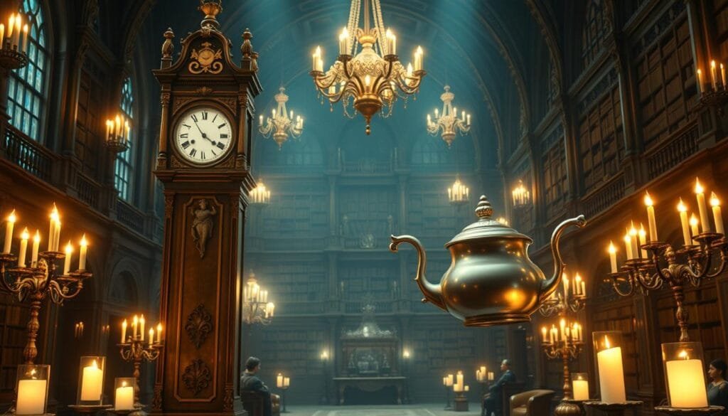A grand, ornate castle hall, illuminated by the warm glow of candelabras and enchanted chandeliers. In the foreground, a majestic, antique grandfather clock stands tall, its intricate carvings and gilded details catching the light. In the middle ground, a haunting, sentient teapot and matching tea cups hover mysteriously, their surfaces reflecting the flickering flames. In the background, a sprawling library filled with ancient tomes and artifacts, hinting at the secrets and magic that reside within the enchanted castle. The scene is bathed in a soft, dreamlike atmosphere, creating a sense of wonder and the supernatural.