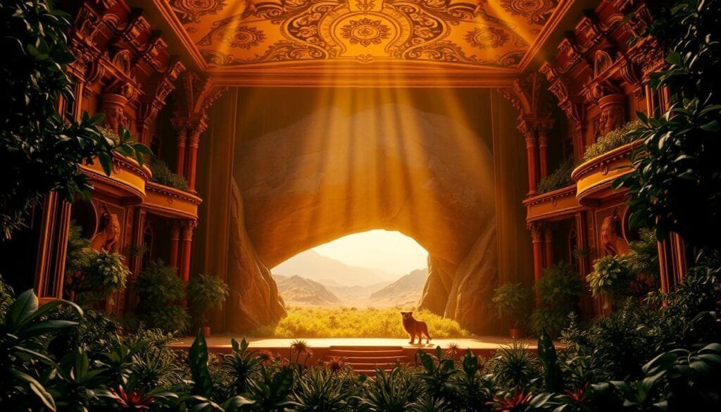 A grand, ornate stage in a lush, naturalistic setting, with a large, majestic rock formation in the center, reminiscent of the iconic Pride Rock from The Lion King. Warm, golden light filters through the scene, casting a regal, cinematic glow. In the foreground, intricate foliage and plants frame the composition, while in the middle ground, a sense of depth is created by rolling hills and distant mountains. The overall atmosphere is one of grandeur, power, and the timeless beauty of the African savanna. The scene conveys a sense of the epic, dramatic quality of the beloved Disney film.