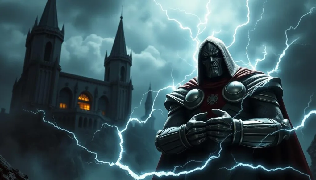 A grim and foreboding castle looms in the background, its spires piercing the stormy sky. In the foreground, Doctor Doom stands with a pained expression, his armored hands clenched in anguish. A swirling vortex of energy crackles around him, casting dramatic shadows that accentuate the dramatic lighting. The scene is charged with a sense of melancholy and a deep, brooding intensity, capturing the emotional turmoil and tragic nature of Doctor Doom's character. A grim and foreboding castle looms in the background, its spires piercing the stormy sky. In the foreground, Doctor Doom stands with a pained expression, his armored hands clenched in anguish. A swirling vortex of energy crackles around him, casting dramatic shadows that accentuate the dramatic lighting. The scene is charged with a sense of melancholy and a deep, brooding intensity, capturing the emotional turmoil and tragic nature of Doctor Doom's character.