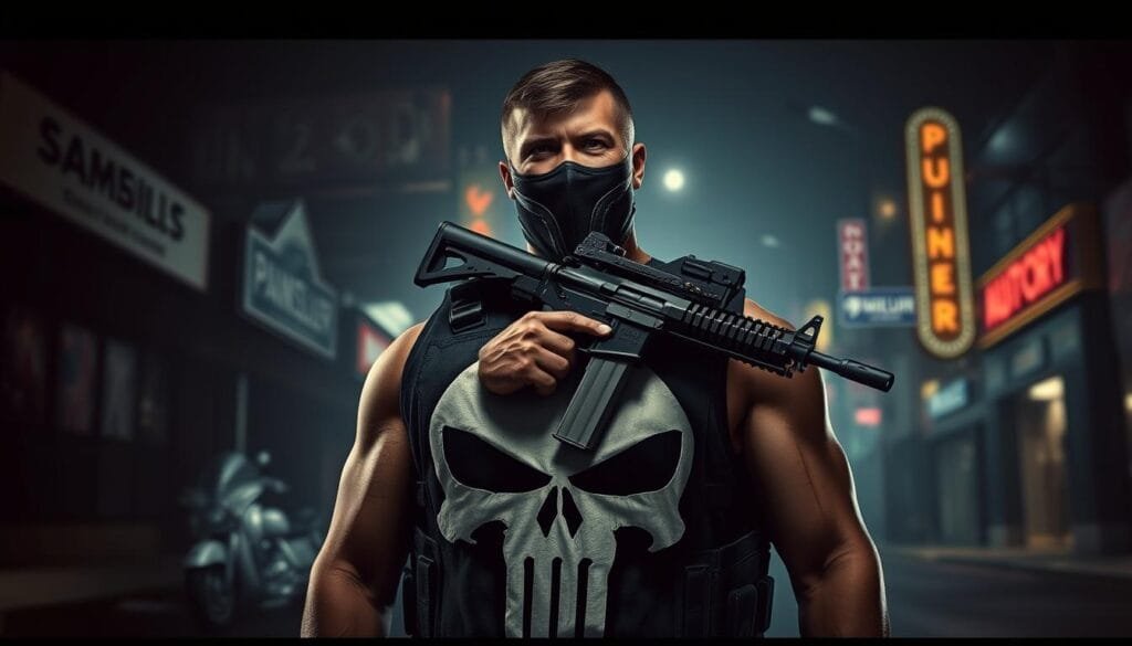 A gritty and visceral portrait of the vigilante known as Punisher, rendered in a striking photorealistic style. The foreground depicts the Punisher's iconic skull insignia emblazoned on a bulletproof vest, casting an ominous shadow over the scene. In the middle ground, the Punisher himself stands resolute, his face obscured by a tactical mask, holding a high-powered assault rifle at the ready. The background is shrouded in darkness, hinting at the violent underworld he inhabits, with only the faint glow of neon signs and streetlights illuminating the composition. The overall mood is one of tension, danger, and a sense of impending retribution, capturing the essence of the Punisher's uncompromising quest for justice.