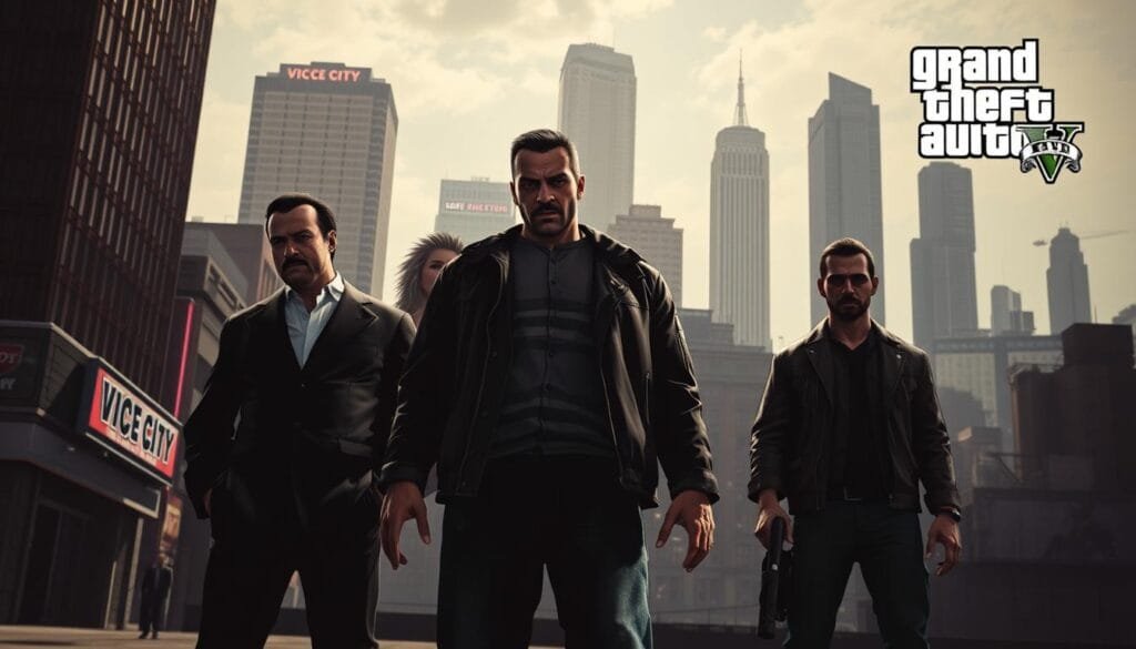 A gritty, cinematic scene depicting the historical eras of the Grand Theft Auto franchise. In the foreground, a trio of protagonists from different game installments - a suited mobster, a punk rocker, and a modern-day anti-hero - stand together, united by the franchise's signature brand of anarchic, open-world mayhem. The middle ground showcases the evolving urban landscapes of Vice City, Liberty City, and Los Santos, each rendered in their distinct visual styles, from the neon-drenched 80s to the gritty realism of the modern era. In the background, towering skyscrapers and iconic landmarks create a sense of scale and familiarity for long-time fans. Dramatic lighting casts dramatic shadows, evoking the franchise's hallmark tone of mature, cinematic storytelling. The overall composition conveys the timeless, genre-defining essence of the Grand Theft Auto series.
