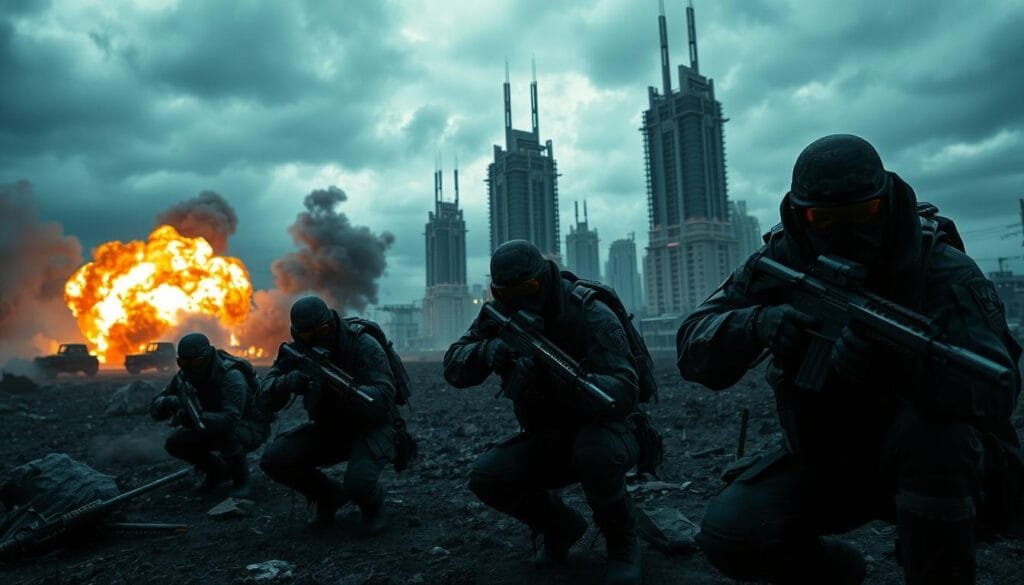 A gritty, cinematic scene of a Call of Duty-inspired battlefield. In the foreground, a squad of heavily armed soldiers crouched in tactical formation, their faces obscured by night-vision goggles and breathing heavily. Billowing smoke and fire in the middle ground, as explosions erupt from nearby structures. In the background, a ruined urban landscape with towering, war-scarred skyscrapers silhouetted against a dramatic, stormy sky. Dim, moody lighting casts long shadows, heightening the sense of intensity and peril. The overall atmosphere is one of high-stakes combat, immersive realism, and the adrenaline-fueled chaos of modern warfare.