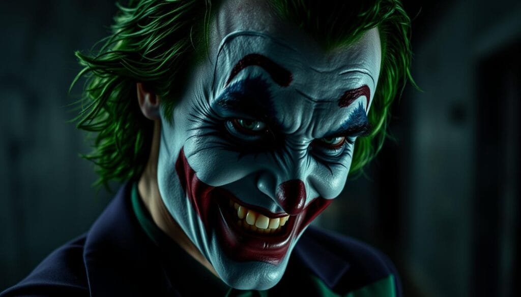 A gritty close-up portrait of Joaquin Phoenix as the Joker, his face painted in a disturbingly convincing makeup, the bright green hair disheveled and wild. Dramatic side lighting casts deep shadows, accentuating the manic, unsettling intensity in his piercing eyes and twisted grin. The background is blurred and moody, a dimly lit alleyway or abandoned industrial setting, hinting at the character's dark, troubled psyche. The overall atmosphere is one of unease and menace, capturing the essence of this iconic comic book villain. A gritty close-up portrait of Joaquin Phoenix as the Joker, his face painted in a disturbingly convincing makeup, the bright green hair disheveled and wild. Dramatic side lighting casts deep shadows, accentuating the manic, unsettling intensity in his piercing eyes and twisted grin. The background is blurred and moody, a dimly lit alleyway or abandoned industrial setting, hinting at the character's dark, troubled psyche. The overall atmosphere is one of unease and menace, capturing the essence of this iconic comic book villain.