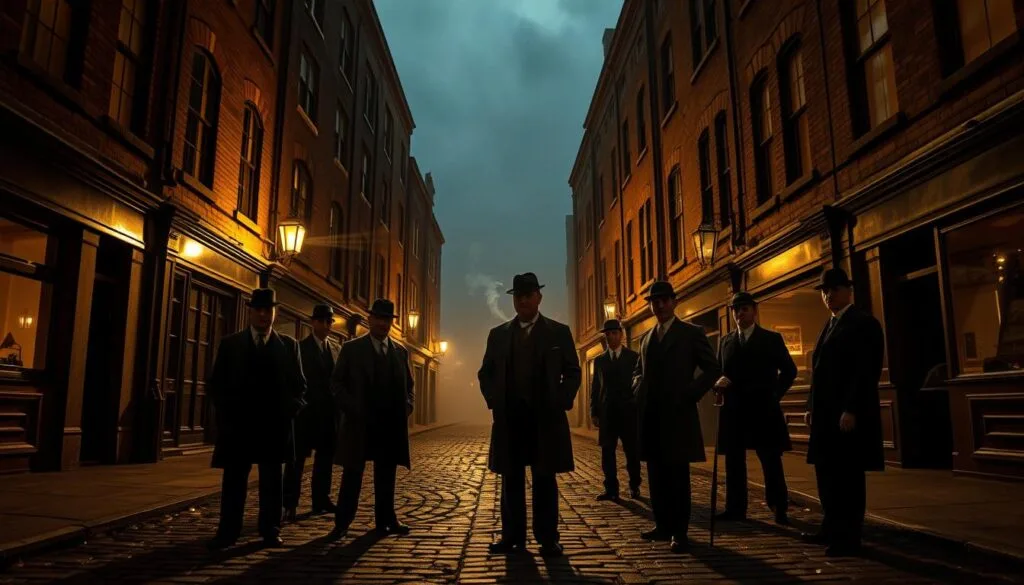 A gritty, dimly lit street in 1920s Birmingham, England. Cobblestones line the ground, casting long shadows in the warm gaslight. Tall, imposing buildings with weathered brick facades loom overhead, their windows casting a warm glow. In the foreground, a group of sharply dressed men in flat caps and tailored suits stand with their hands in their pockets, their expressions a mix of menace and determination. The air is thick with the scent of cigarette smoke and the faint sound of a gramophone playing in the distance. The overall atmosphere is one of tension and foreboding, perfectly capturing the iconic world of the Peaky Blinders.