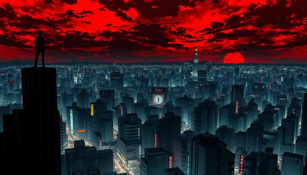 A gritty, high-contrast cityscape of Tokyo's 20th Ward, the setting of the Tokyo Ghoul series. In the foreground, a shadowy figure stands atop a towering skyscraper, their eyes glowing with a supernatural intensity. The middle ground is a maze of neon-lit alleyways and dilapidated buildings, hinting at the grim underworld of the Ghouls. The background is a panoramic view of the city skyline, bathed in an eerie, blood-red sky as if the very heavens are ominous and foreboding. The scene conveys a sense of ominous danger, the weight of a dark and dangerous world lurking beneath the surface of the bustling metropolis.
