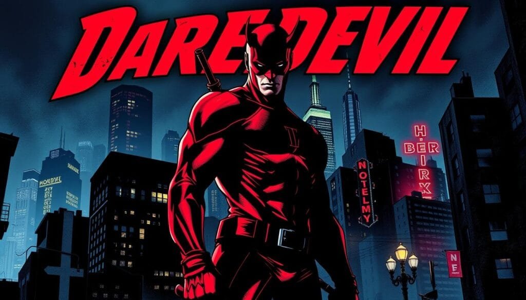 A gritty, high-contrast comic book cover showcasing Daredevil, the Man Without Fear, against a dramatic cityscape backdrop of New York's Hell's Kitchen. Daredevil stands tall, his iconic red costume and horned mask casting a powerful silhouette, his billy club in hand, ready to defend the streets. The foreground is bathed in shadows, while the middle ground features the city's iconic skyline, with neon signs and streetlights casting an eerie glow. The background is a wash of deep blues and purples, conveying a sense of mystery and danger. The overall composition is bold, dynamic, and captures the essence of Daredevil's heroic vigilantism.