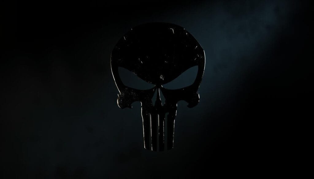 A gritty, high-contrast image of the Punisher's iconic skull symbol, rendered with dramatic lighting and textures. The symbol is the focal point, set against a dark, moody background with hints of urban decay or shadowy industrial elements. The overall composition conveys a sense of intensity, power, and the Punisher's relentless pursuit of justice. The lighting should be directional, casting sharp shadows and highlighting the rugged, weathered details of the symbol. The image should feel cinematic, conveying the Punisher's brooding, vengeful spirit.