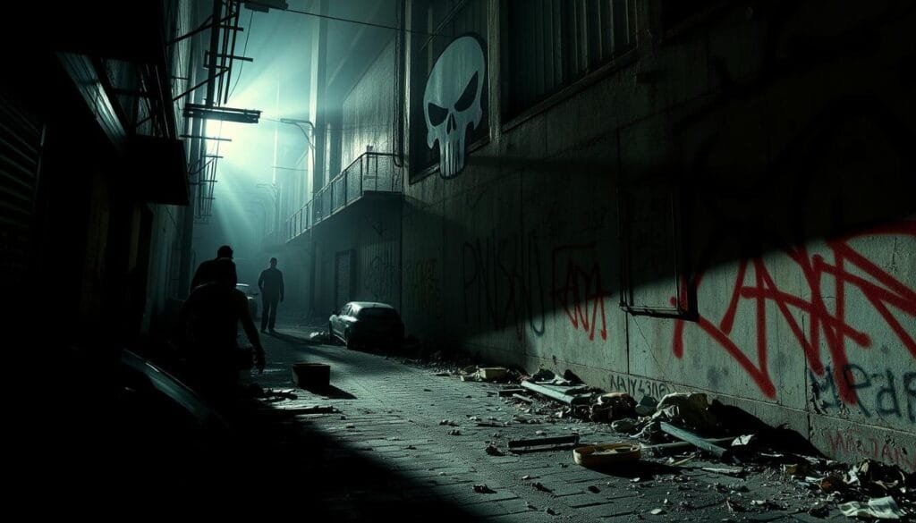 A gritty, high-contrast urban scene depicting the Punisher's territory, with a dimly lit alleyway in the foreground, shadowy figures lurking in the background, and the Punisher's signature skull logo prominently displayed on a graffiti-covered wall. Dramatic chiaroscuro lighting casts harsh shadows, creating a moody, atmospheric ambiance. Discarded trash, abandoned cars, and a sense of decay and lawlessness pervade the environment, reflecting the Punisher's relentless war on crime. The composition should be cinematic, with a low camera angle and a dynamic, off-center framing to convey a sense of tension and unease.
