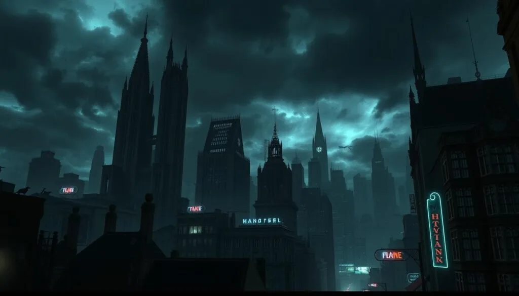 A gritty, moody cityscape of Gotham City at dusk, with towering gothic skyscrapers and jagged spires silhouetted against a stormy, brooding sky. The streets below are cast in deep shadows, hinting at the criminal underworld that lurks in the darkness. Flickering neon signs and the faint glow of streetlights cast an eerie, neon-tinged atmosphere over the scene. The architecture has a sense of decaying grandeur, with gargoyles and ornate details casting dramatic shadows. The overall mood is one of foreboding and unease, setting the stage for the heroic exploits of the Dark Knight. A gritty, moody cityscape of Gotham City at dusk, with towering gothic skyscrapers and jagged spires silhouetted against a stormy, brooding sky. The streets below are cast in deep shadows, hinting at the criminal underworld that lurks in the darkness. Flickering neon signs and the faint glow of streetlights cast an eerie, neon-tinged atmosphere over the scene. The architecture has a sense of decaying grandeur, with gargoyles and ornate details casting dramatic shadows. The overall mood is one of foreboding and unease, setting the stage for the heroic exploits of the Dark Knight.
