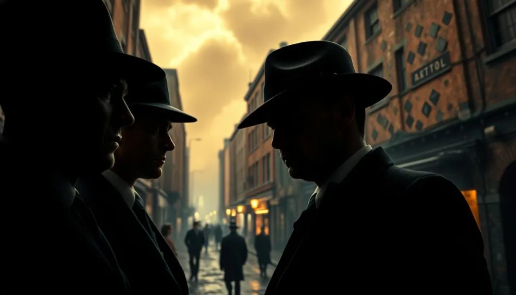 A gritty, neo-noir alternate universe of the Peaky Blinders crime syndicate, bathed in a chiaroscuro of shadows and neon. Dominant figures loom in the foreground, their sharp-brimmed caps and tailored suits exuding power and menace. In the middle ground, the streets of a parallel-timeline Birmingham teem with furtive activity - dark alleyways, flickering street lamps, and the ominous silhouettes of gang members. The background dissolves into a blur of industrial decay, crumbling brick facades, and an ominous, rust-tinged sky. Moody, cinematic lighting casts dramatic highlights and deep shadows, capturing the brooding intensity of this alternate Peaky Blinders universe.