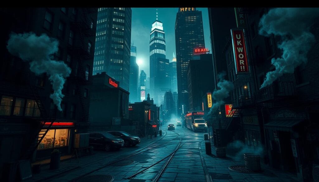 A gritty, neon-soaked cityscape of Hell's Kitchen at night, with towering skyscrapers and grimy alleyways bathed in a moody, atmospheric lighting. Billowing steam rises from manhole covers, casting long shadows across the cracked pavement. In the foreground, a network of fire escapes, gargoyles, and dilapidated storefronts create a labyrinthine, claustrophobic feel. The scene is imbued with a sense of danger and urban decay, perfectly capturing the dark, brooding essence of this iconic Marvel setting.