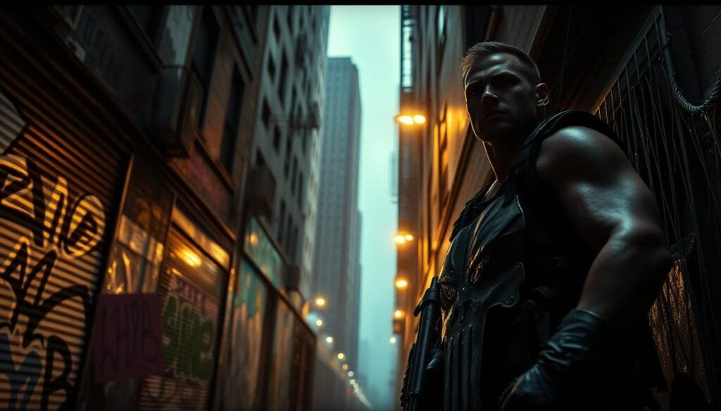 A gritty urban jungle, the city streets of a dystopian metropolis. In the shadows, a lone figure emerges - the Punisher, a brutal vigilante seeking justice. His tactical gear blends seamlessly with the graffiti-laden walls, as he scans the alleyways for his next target. The environment is alive with a moody, cinematic lighting, casting dramatic shadows that accentuate the Punisher's chiseled features and steely determination. The camera angle is low, evoking a sense of power and intensity, as if the viewer is at street level, bearing witness to this urban hunter's relentless crusade. The atmosphere is tense, unforgiving, a reflection of the Punisher's uncompromising mission to cleanse the city of its criminal scourge.