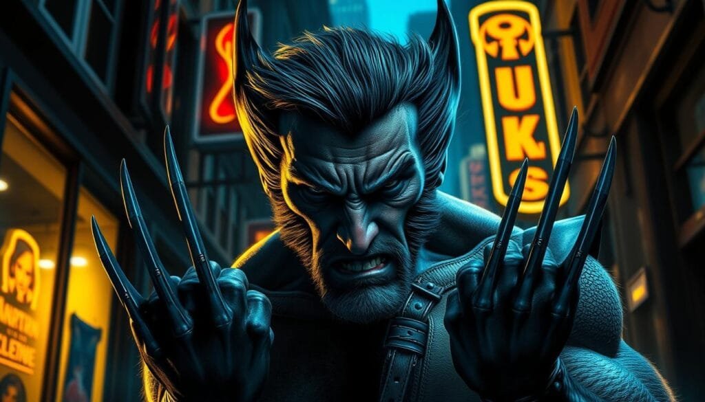 A grizzled, battle-hardened Wolverine, his adamantium claws gleaming, stands in a dimly lit alley, the glow of neon signs casting an eerie, moody atmosphere. The background features the silhouettes of towering skyscrapers, hinting at the urban setting. The lighting is a blend of cool blues and warm yellows, creating a sense of dramatic contrast. Wolverine's intense gaze and clenched jaw convey a palpable sense of determination and ferocity, capturing the essence of the character. The overall composition emphasizes the character's imposing presence and the underlying tension of the scene.