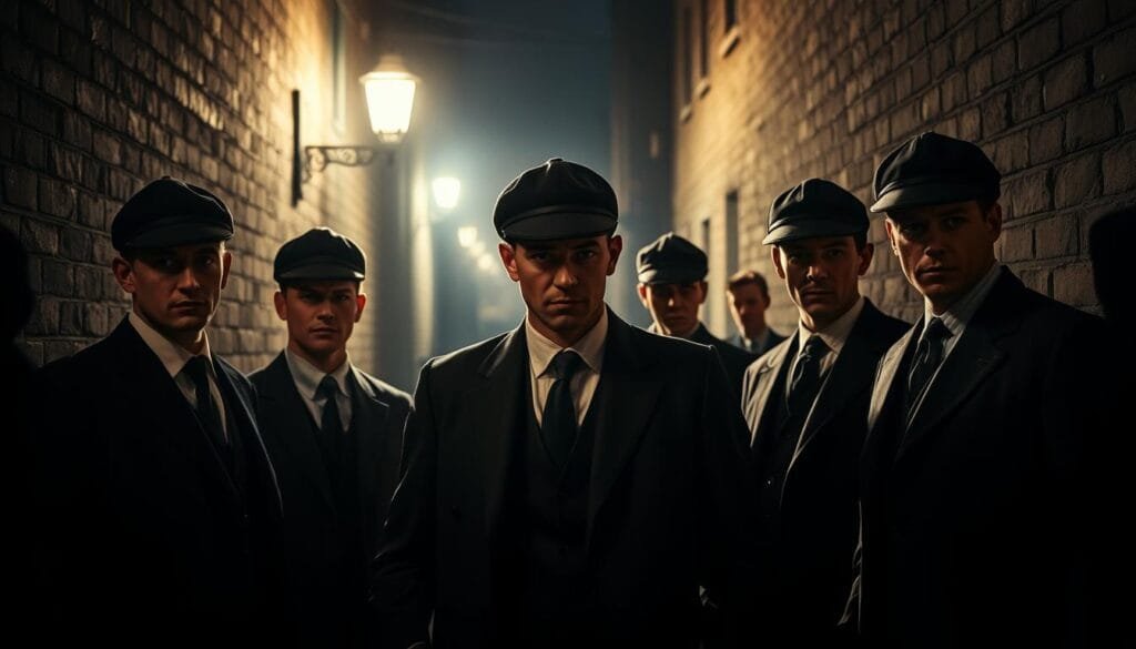 A group of Peaky Blinders members standing confidently in a dimly lit alleyway, their sharp suits and peaked caps casting shadows across their hardened faces. The soft glow of a streetlamp illuminates the scene, creating a moody, cinematic atmosphere. In the background, the silhouettes of their rivals can be seen, adding a sense of tension and unease. The composition is balanced and symmetrical, with the Peaky Blinders members forming a tight, formidable unit. The lighting is dramatic, creating high-contrast shadows and highlights that accentuate the group's menacing presence. A group of Peaky Blinders members standing confidently in a dimly lit alleyway, their sharp suits and peaked caps casting shadows across their hardened faces. The soft glow of a streetlamp illuminates the scene, creating a moody, cinematic atmosphere. In the background, the silhouettes of their rivals can be seen, adding a sense of tension and unease. The composition is balanced and symmetrical, with the Peaky Blinders members forming a tight, formidable unit. The lighting is dramatic, creating high-contrast shadows and highlights that accentuate the group's menacing presence.