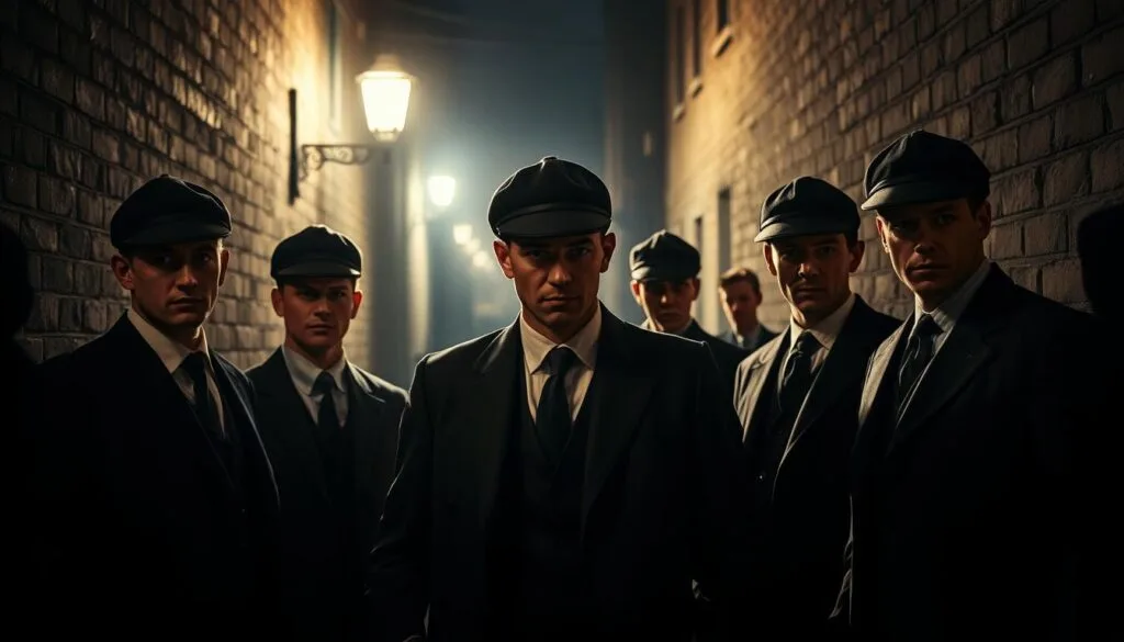 A group of Peaky Blinders members standing confidently in a dimly lit alleyway, their sharp suits and peaked caps casting shadows across their hardened faces. The soft glow of a streetlamp illuminates the scene, creating a moody, cinematic atmosphere. In the background, the silhouettes of their rivals can be seen, adding a sense of tension and unease. The composition is balanced and symmetrical, with the Peaky Blinders members forming a tight, formidable unit. The lighting is dramatic, creating high-contrast shadows and highlights that accentuate the group's menacing presence.