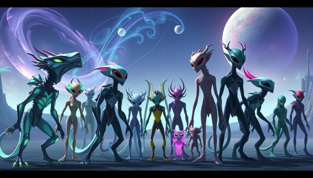 A group of alien species from the Ben10 universe, standing tall and proud in a futuristic, otherworldly landscape. The foreground features intricate, biomechanical alien creatures with glowing, translucent skin and unique, asymmetrical features. The middle ground showcases a diverse array of fantastical alien lifeforms, each with its own distinct silhouette, texture, and color palette. The background depicts a vast, alien skyscape with swirling nebulae, distant planets, and a mysterious, pulsating energy field. The scene is bathed in a cool, neon-tinged lighting, creating an atmosphere of technological wonder and extraterrestrial grandeur. Cinematic camera angle and depth of field, emphasizing the scale and complexity of this alien menagerie.