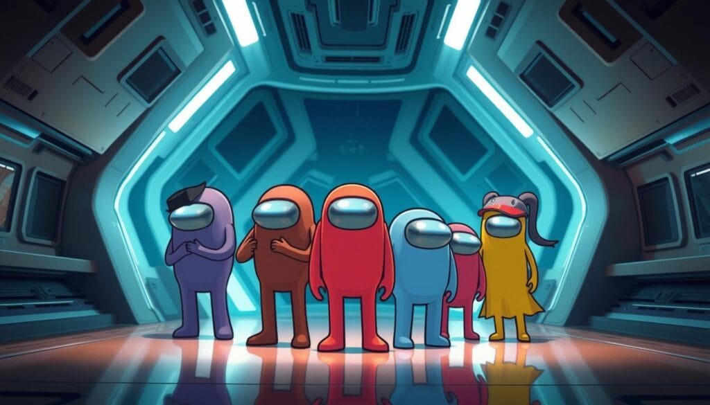 A group of classic Among Us characters standing together in a vibrant and playful scene. The crewmates, with their distinct shapes and colors, are positioned in the foreground, their expressions conveying a sense of camaraderie and mystery. The background is a sleek, futuristic spaceship interior, with clean lines and subtle lighting that creates a sense of depth and atmosphere. The overall composition is balanced and dynamic, capturing the iconic visual style of the Among Us universe. The image should convey the fun and intrigue that are central to the game's appeal.
