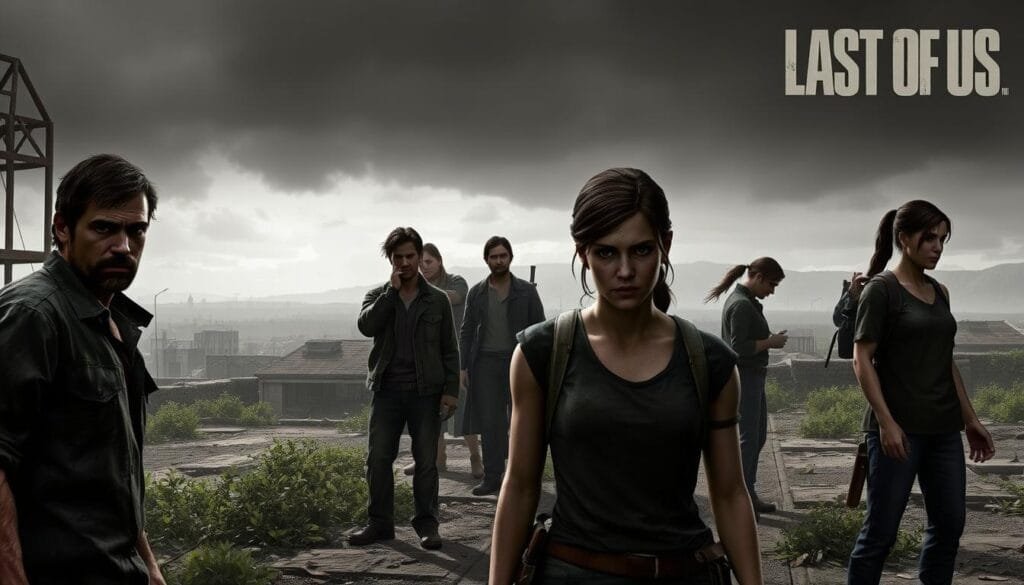 A group of distinctive characters from The Last of Us, standing resolute and determined against a gritty, post-apocalyptic backdrop. In the foreground, the rugged figures of Joel and Ellie, their faces etched with the weight of their experiences. Behind them, the weathered and battle-hardened silhouettes of other key players in the narrative, such as Tess, Bill, and the Fireflies, all captured in a moody, cinematic lighting that accentuates the drama and intensity of the scene. The middle ground is a desolate, abandoned cityscape, with crumbling buildings and overgrown vegetation, conveying a sense of the devastation that has consumed this world. In the distance, a hazy, ominous sky hints at the challenges and dangers that loom ahead, creating an atmosphere of tension and uncertainty.