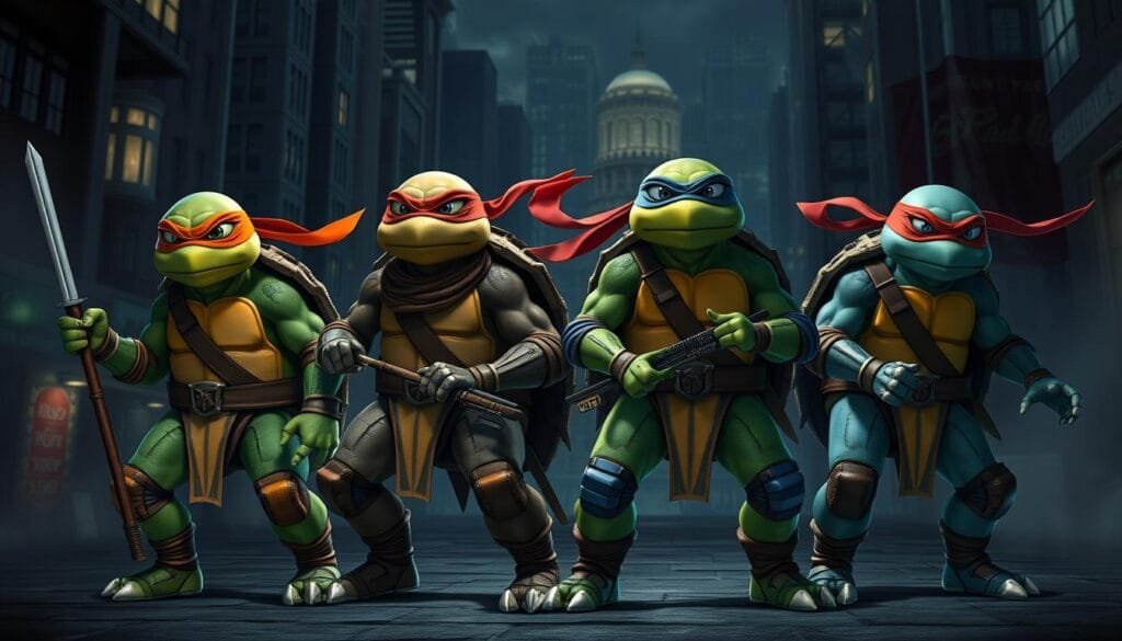 A group of four anthropomorphic turtles with unique color-coded costumes and ninja gear, each with its own distinct personality and fighting style. They are shown in various alternative versions, such as medieval knights, futuristic cyborgs, or mythical creatures, set against a backdrop of a moody, atmospheric cityscape with dramatic lighting and a sense of mystery and adventure.