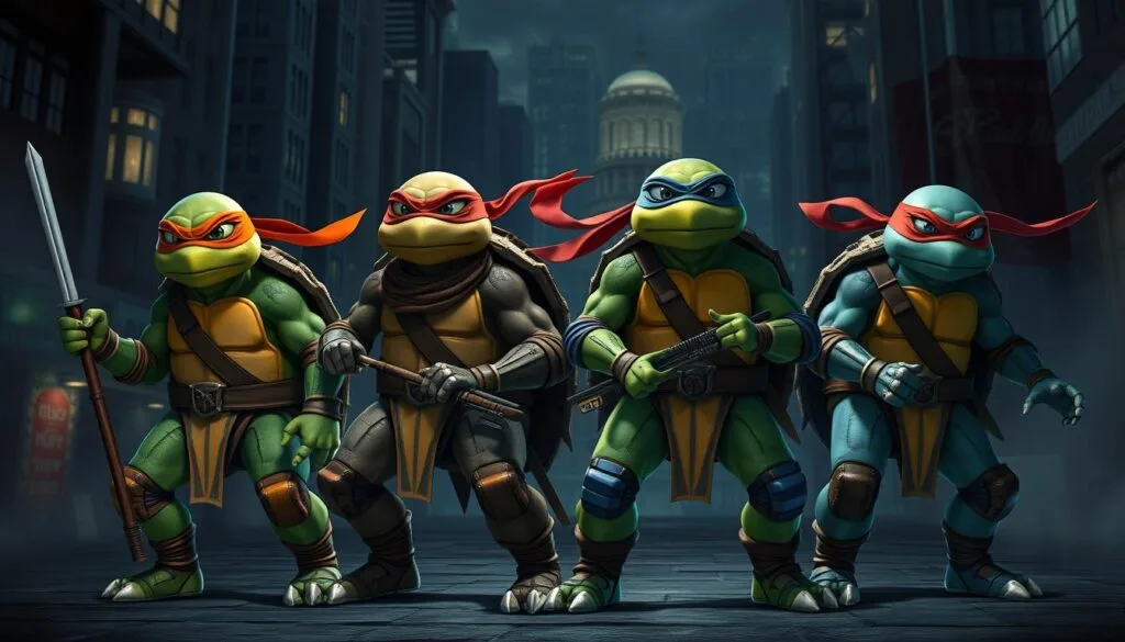A group of four anthropomorphic turtles with unique color-coded costumes and ninja gear, each with its own distinct personality and fighting style. They are shown in various alternative versions, such as medieval knights, futuristic cyborgs, or mythical creatures, set against a backdrop of a moody, atmospheric cityscape with dramatic lighting and a sense of mystery and adventure.
