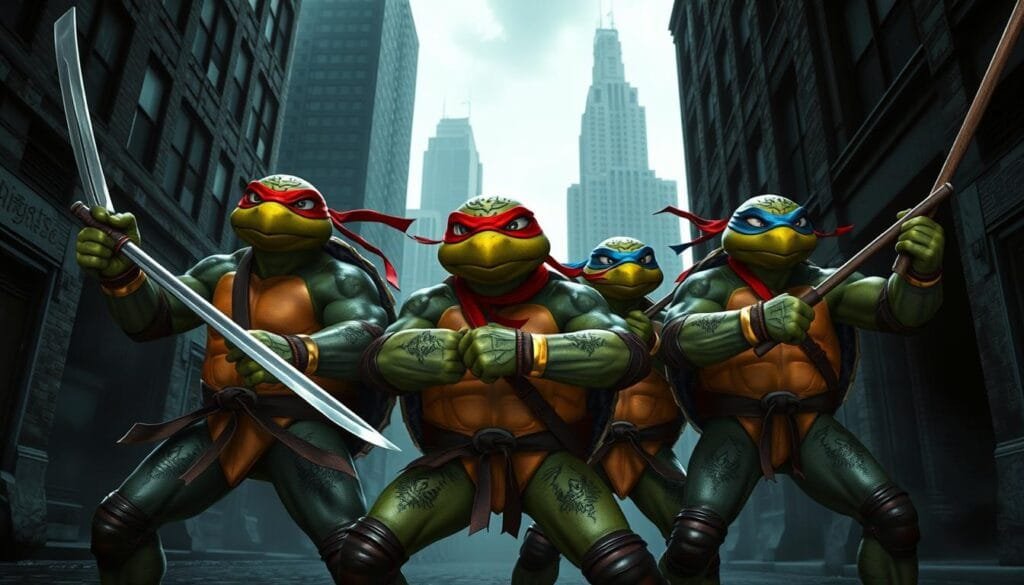 A group of four mutant ninja turtles, each wielding a distinct weapon - katana, nunchaku, bo staff, and sai - stand ready for battle. Their shells adorned with intricate patterns, the turtles exude a powerful, intimidating presence. Bathed in a moody, dramatic lighting, the scene is set against a gritty, urban backdrop of towering skyscrapers and dark alleys, creating a sense of tension and danger. The turtles' steely gazes and battle-ready stances convey their skill, determination, and commitment to justice. This image captures the essence of the Teenage Mutant Ninja Turtles, blending their iconic characters with a heightened sense of realism and gritty action.
