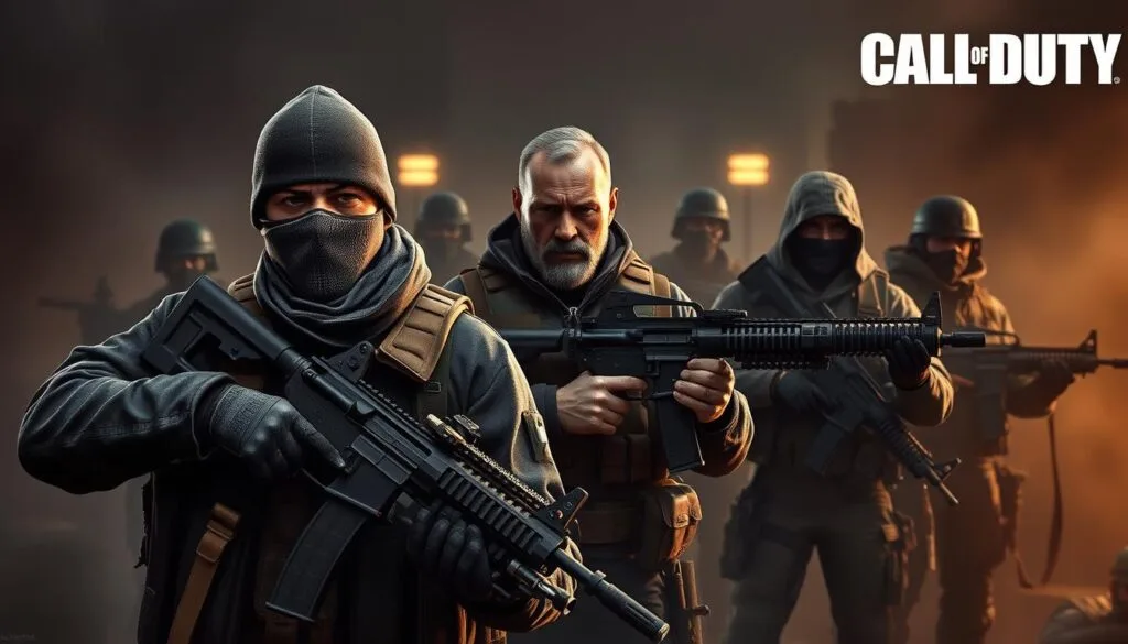 A group of iconic Call of Duty characters standing heroically in a photorealistic style. In the foreground, a battle-hardened Captain Price in his signature balaclava and tactical gear, wielding an assault rifle. Behind him, Soap MacTavish in urban combat attire, ready for action. In the middle ground, the rugged Sergeant Frank Woods, gripping a heavy machine gun. In the background, the silhouettes of other legendary operators like Captain John "Soap" MacTavish, Simon "Ghost" Riley, and John "Raul Menendez" in a dimly lit, war-torn environment with moody lighting and atmospheric haze. The characters exude a sense of gritty realism, unwavering determination, and the iconic visual style of the Call of Duty franchise.