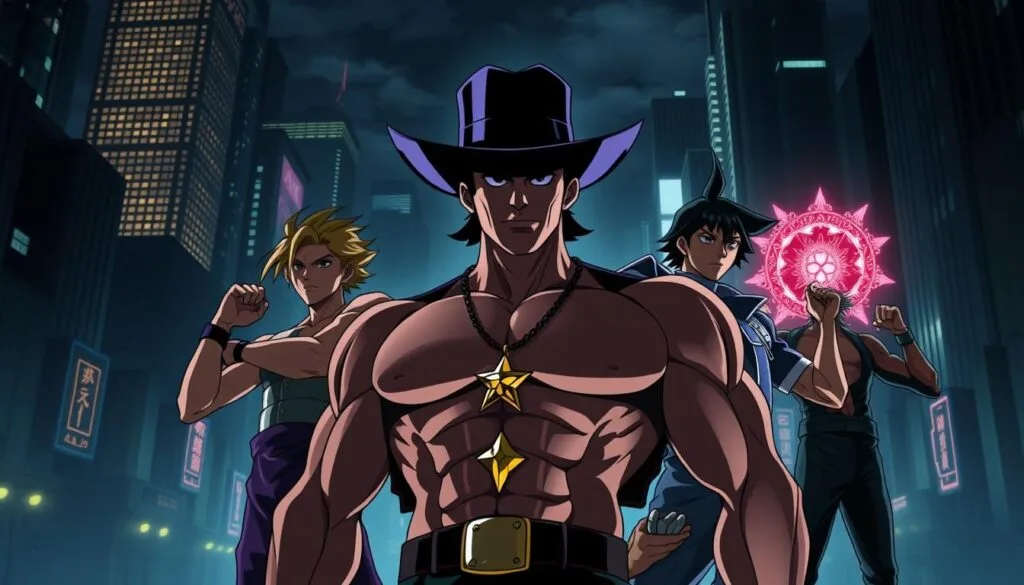 A group of iconic JoJo's Bizarre Adventure protagonists posed dramatically in a cinematic, high-contrast scene. In the foreground, the muscular hero Jotaro Kujo stands resolute, his signature hat and star-shaped pendant catching the dramatic lighting. Behind him, Joseph Joestar, Josuke Higashikata, and Giorno Giovanna strike powerful, dynamic poses, their Stands (mystical spirit allies) emerging from their bodies. The background is a moody, atmospheric cityscape, with towering skyscrapers and neon-lit streets hinting at the fantastical adventures to come. The overall mood is one of heroic intensity, capturing the bold, larger-than-life spirit of the JoJo's Bizarre Adventure series.