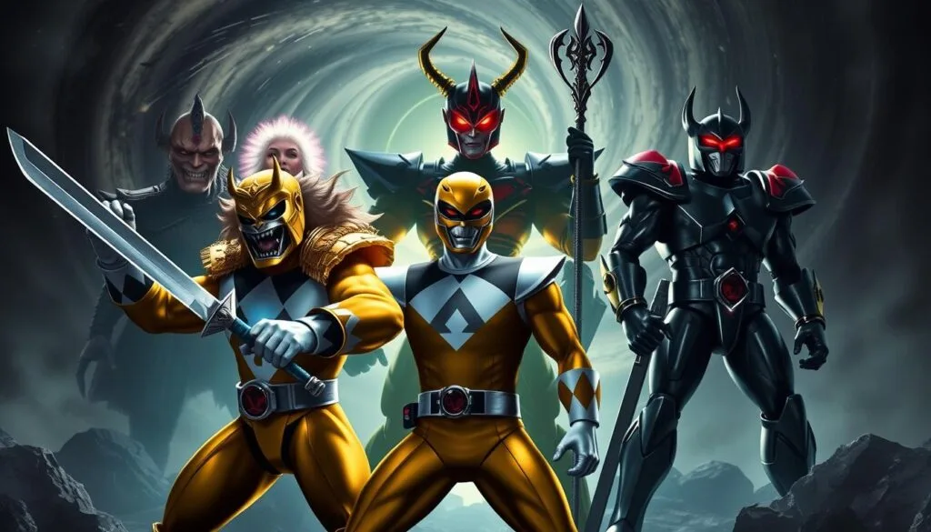 A group of iconic Power Rangers villains, standing tall and menacing in a dramatic, dimly lit setting. In the foreground, Goldar, the fierce golden warrior, bares his fangs and raises his sword, ready to strike. Behind him, Rita Repulsa, the cunning sorceress, casts an eerie glow as she conjures a spell, her staff held high. In the middle ground, Zedd, the fearsome lord of darkness, looms with his robotic frame and piercing red eyes, exuding an aura of pure malevolence. In the background, a swirling vortex of energy and shadows envelops the scene, creating a sense of foreboding and impending doom. The lighting is dramatic, with deep shadows and highlights that accentuate the villains' sinister features, conveying a sense of danger and the constant threat they pose to the Power Rangers.